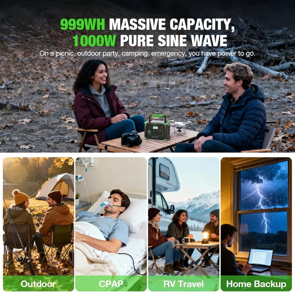 Estação de Energia Portátil de 1000W, Gerador Solar de 999Wh com Carregamento Rápido USB-C PD 60W para Camping ao Ar Livre, RV e Backup Residencial - Image 3