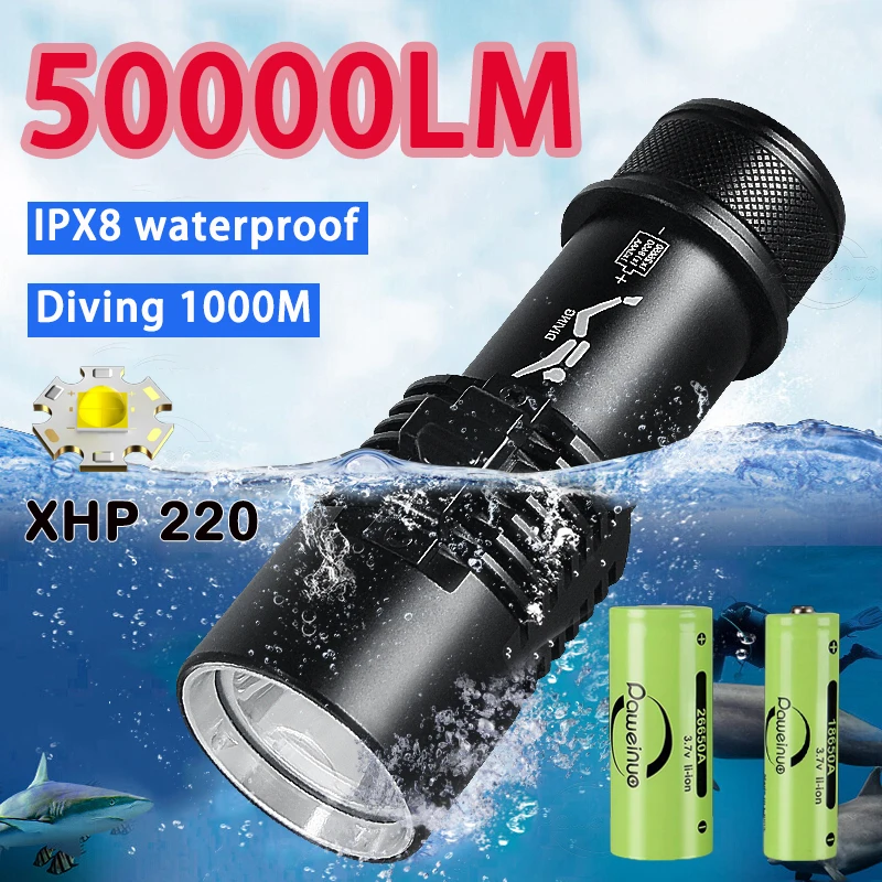 Lanterna de mergulho profissional xhp220, 50000lm, alta potência, flash subaquático, mergulho, 1000m, à prova d'água