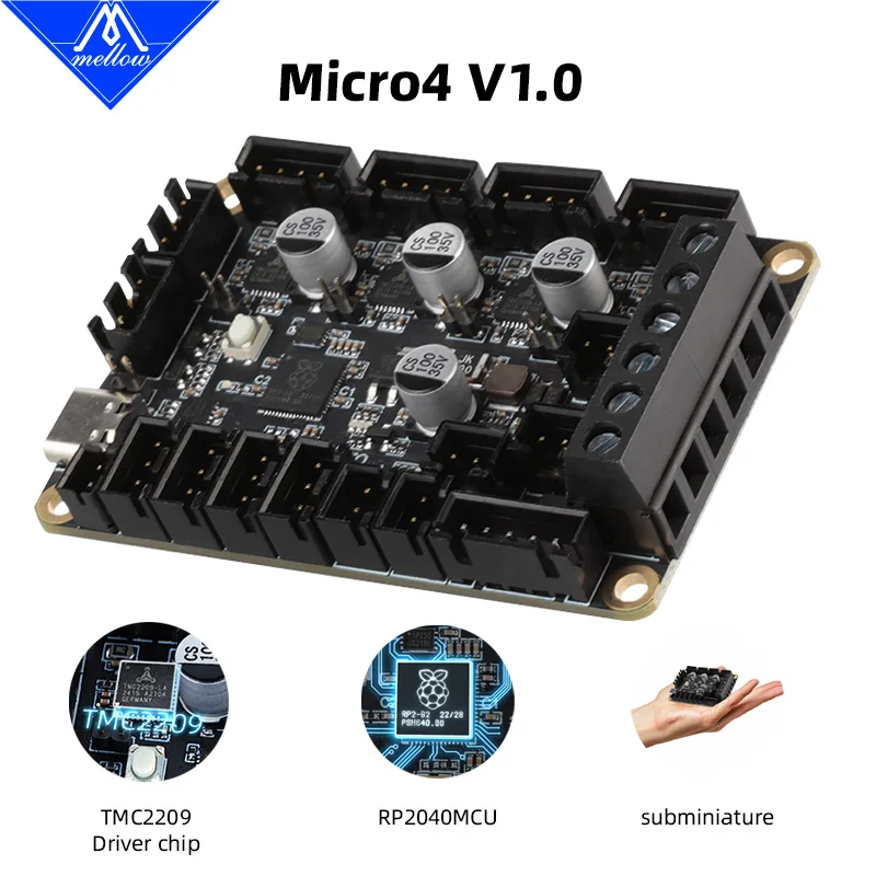 Mellow fly micro 4 v1.0 placa hv 4 eixos 32bit raspberry pi rp2040 para impressora 3d uart tmc2209, klipper canbus voron v0.1 ender3