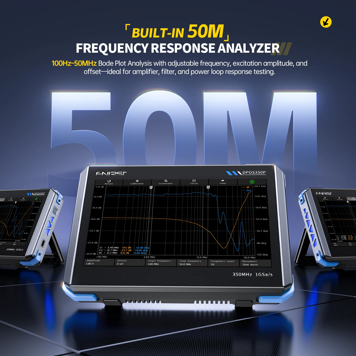 FNIRSI DPOS350P 4 em 1 Tablet Osciloscópio Digital 2CH 350MHz Gerador de Sinal, Analisador de Espectro, Analisador de Resposta de Frequência - Image 5