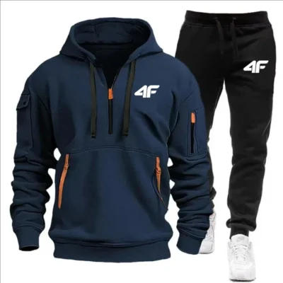 Agasalho masculino com capuz com zíper, multibolsos e calças de proteção, casual, jogging, outono/inverno, conjunto de 2 peças, tamanho grande S-3XL