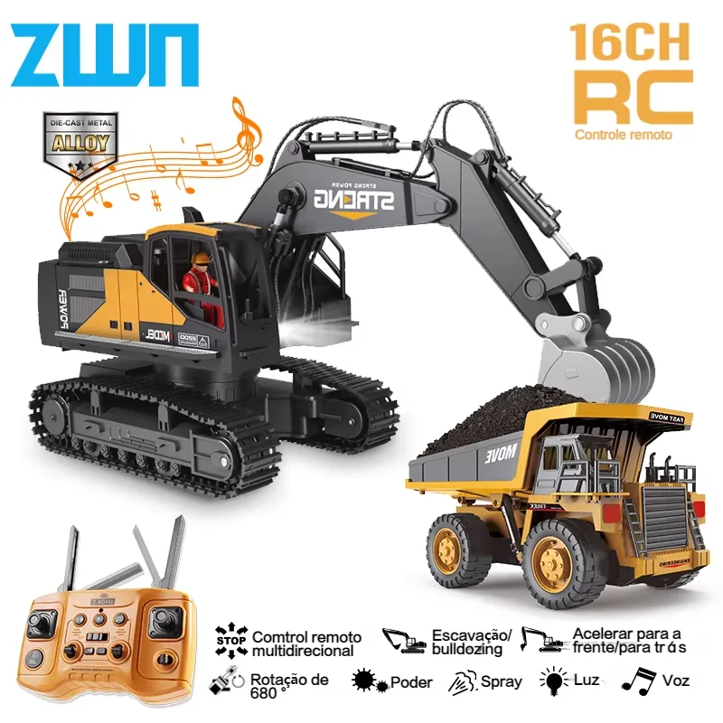 Zwn 1/16 1/20 escavadeira de controle remoto caminhão basculante modelo rc carro brinquedo simulação liga profissional veículo construção para crianças