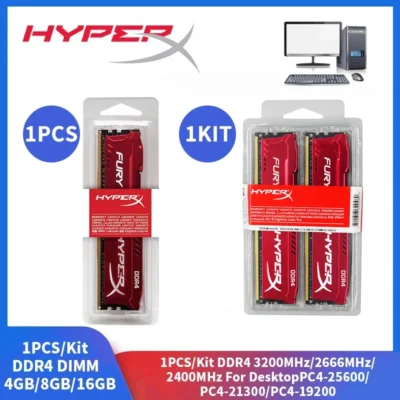 Memória Hyperx RAM Desktop, DDR4, 16GB, 8GB, 4GB, 3200MHz, 2666MHz, 2400MHz, 1.2V, PC4-25600, 21300, 19200, DIMM 288pin, 1PC/1Kit