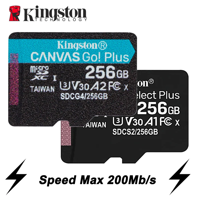Cartão de Memória Kingston Micro SD TF de até 200MB/S, 64GB, 256GB, 128GB, 512GB, 1TB, Velocidade de Leitura Classe 10 U1 V30 A1 Flash para Eletrônicos