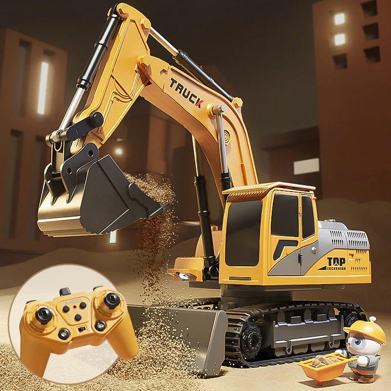 Escavadeira de brinquedo com controle remoto de liga, carro com luzes, efeito sonoro, escavadeira elétrica, veículo de engenharia automotiva, presentes para crianças