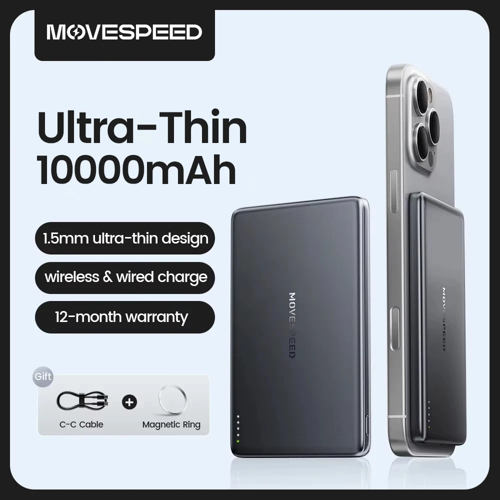 Bateria Externa Magnética MOVESPEED 10000mAh Slim Sem Fio para MagSafe Powerbank para iPhone 16 15 14 13 Samsung 24