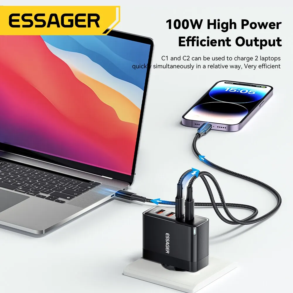 Essager 100W GaN USB Tipo C Carregador PD QC Carga Rápida 4.0 3.0 Tipo C Ricarica Rapida Por iPhone 14 13 12 Xiaomi Macbook - Image 5
