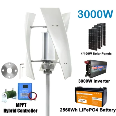 China fábrica 3000w moinhos de vento verticais turbina dínamo gerador energia alternativa 24v 12v 48v com controlador mppt painéis solares