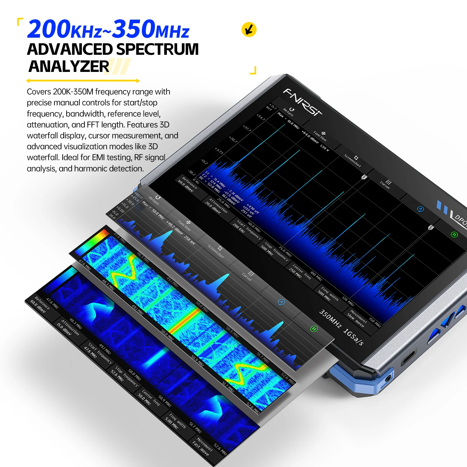 FNIRSI DPOS350P 4 em 1 Tablet Osciloscópio Digital 2CH 350MHz Gerador de Sinal, Analisador de Espectro, Analisador de Resposta de Frequência - Image 4