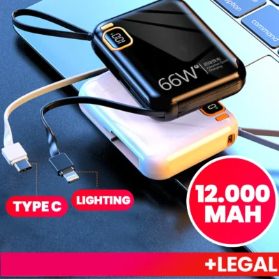 Power Bank 12000mAh Compacto Super Rápido com Cabo Integrado, Carregamento Duplo Rápido para Viagens e Uso Diário