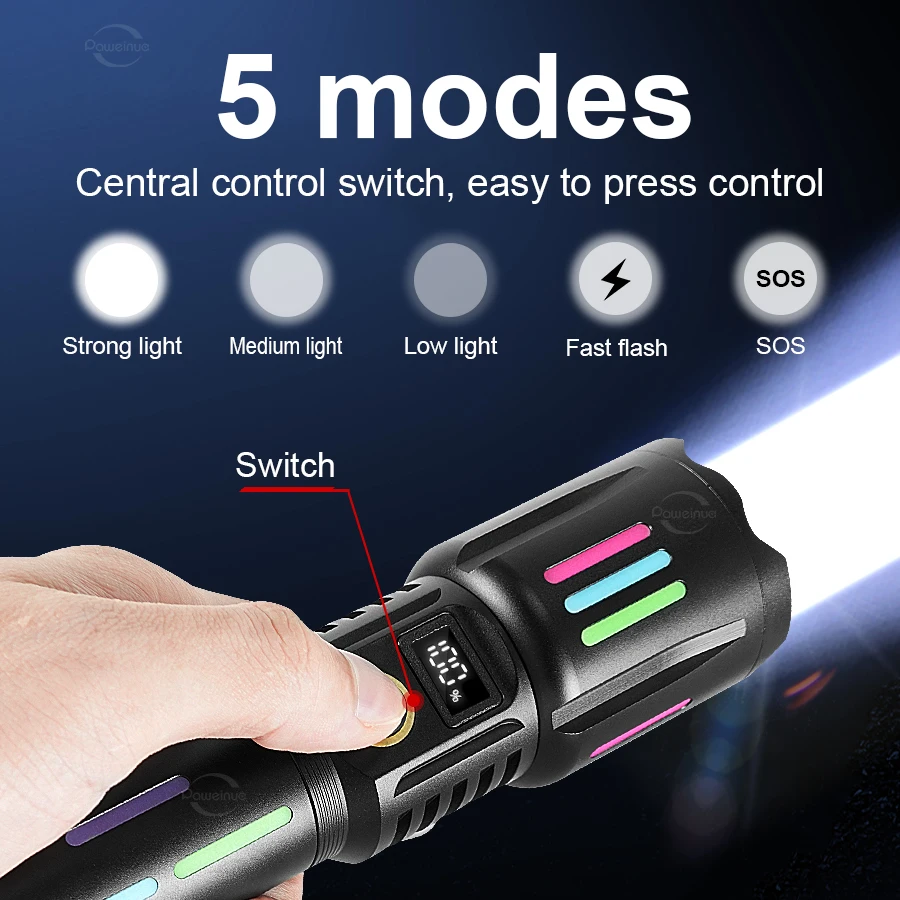 Lanterna de Campismo de Alta Potência 800W com Laser Branco, Faixas Luminosas, Alcance de 4500m, Recarregável TYPE-C/USB e Zoom Ajustável - Image 2