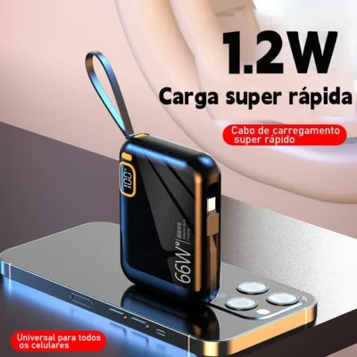 Power Bank 12000mAh Compacto com Carregamento Super Rápido e Cabos Integrados, Leve e Ideal para Viagens
