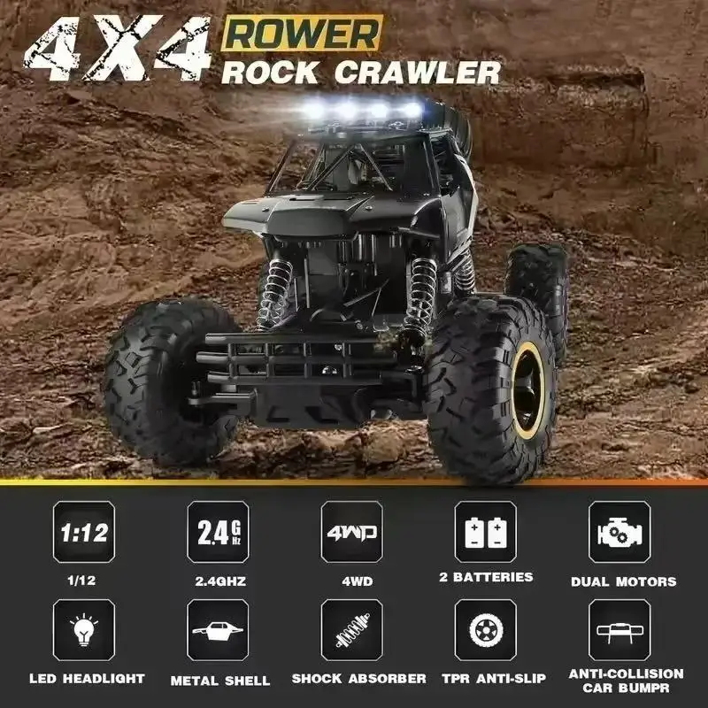Carros rc carro de controle remoto 1:12/16 fora da estrada caminhão metal escudo faróis led offroad monstro rc caminhões 4wd todos os terrenos brinquedos crianças - Image 4