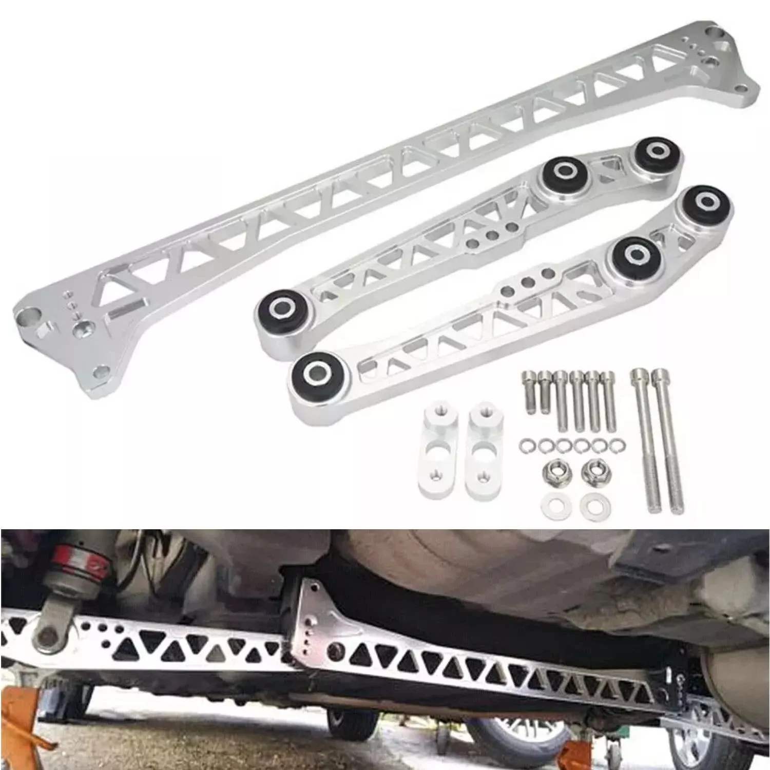 Kit de atualização de suspensão usinada de boleto de prata para 92-95 Honda Civic EG braços de controle inferiores traseiros + suporte de subquadro boleto