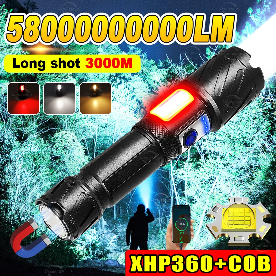 Lanterna LED XHP360 de Super Alta Potência Recarregável, Lanterna Tática de Longo Alcance 3 KM, Lanterna para Camping