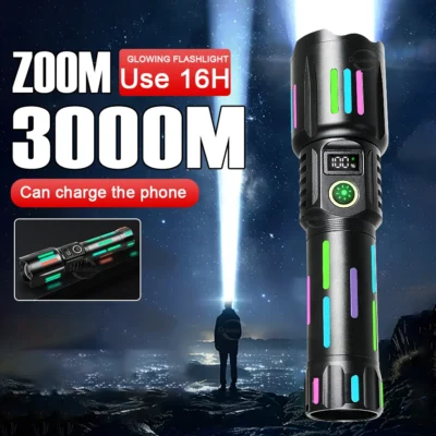 Lanterna LED recarregável de alta potência, tocha tática, zoom ultra poderoso tocha, exterior e lâmpada de emergência, 500W, 3000m