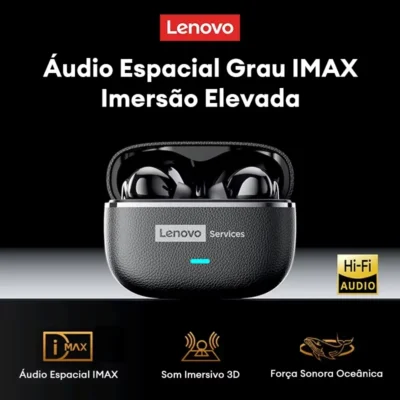 Fones de Ouvido Sem Fio Lenovo LE208 TWS Bluetooth 6.0 em Couro, Estéreo com Cancelamento de Ruído ENC, Headset para Jogos com Baixa Latência de 38ms