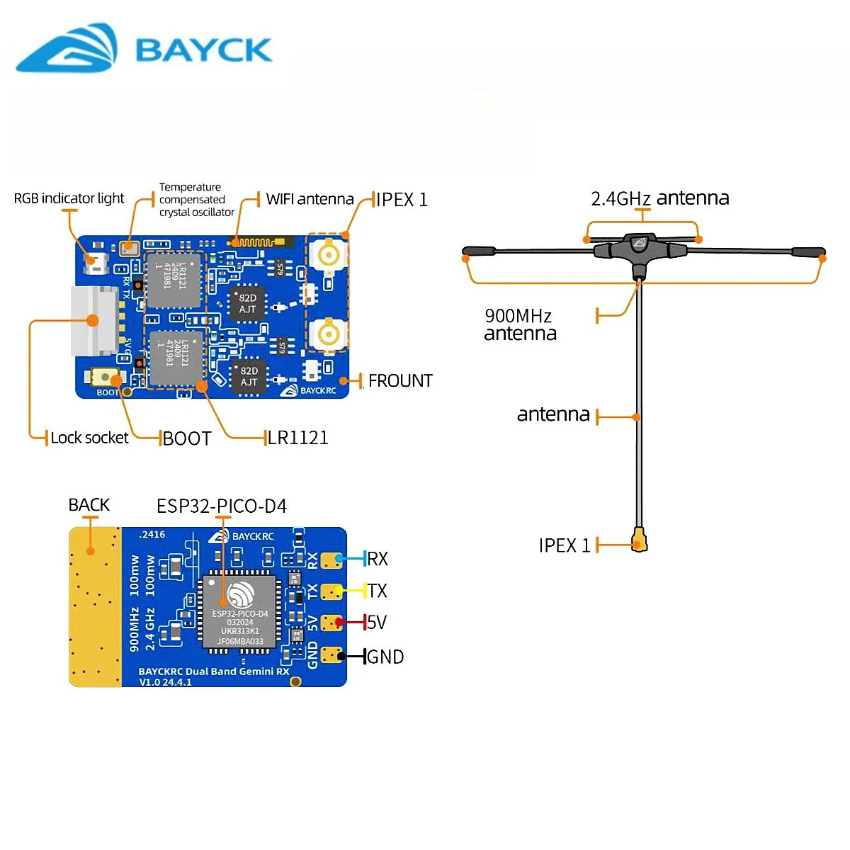 Bayckrc 900mhz 2.4ghz 915m elrs banda dupla gemini receptor expresslrs rx tcxo para rc fpv corrida drone de longo alcance asa fixa - Image 5