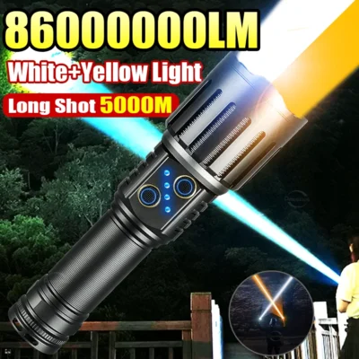 Ultra poderosa lanterna led de alta potência recarregável tático tocha luz 5000m branco + amarelo super brilhante lâmpada pesca acampamento,lanterna alta potencia,lanterna tática,Lanterna recarregável poderosa