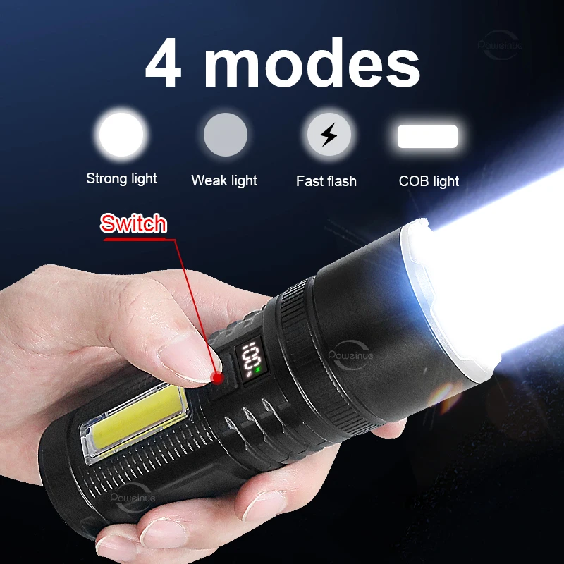 Lanterna LED de alta potência de 1.000.000 lúmens com baterias duplas integradas, tocha recarregável portátil, lanterna tática de acampamento - Image 2