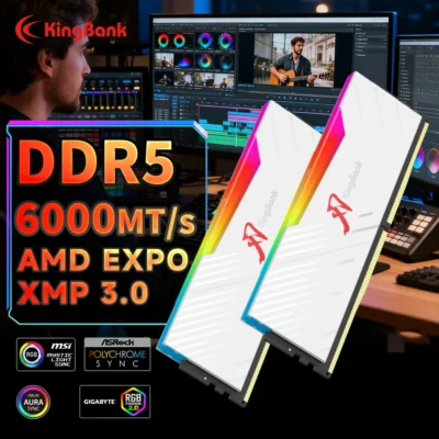 Kit de Memória KINGBANK SOARBLADE KRRW Série 64GB (32GBx2) DDR5 Branco RGB 6000MHz com Hynix M Die para Jogos e Overclocking