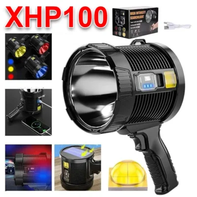 Lanterna led portátil de alta potência xhp100, holofote externo, recarregável, abs, bateria embutida, luz de emergência