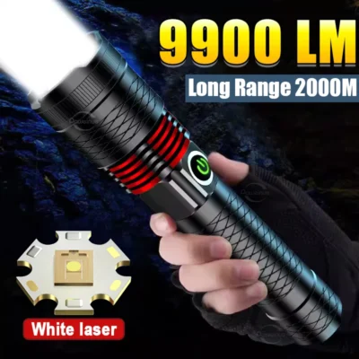 Lanterna laser branca de alta potência, super 9900lm, ultra poderosa, led, flash, holofote, longo alcance, zoom, luz de emergência