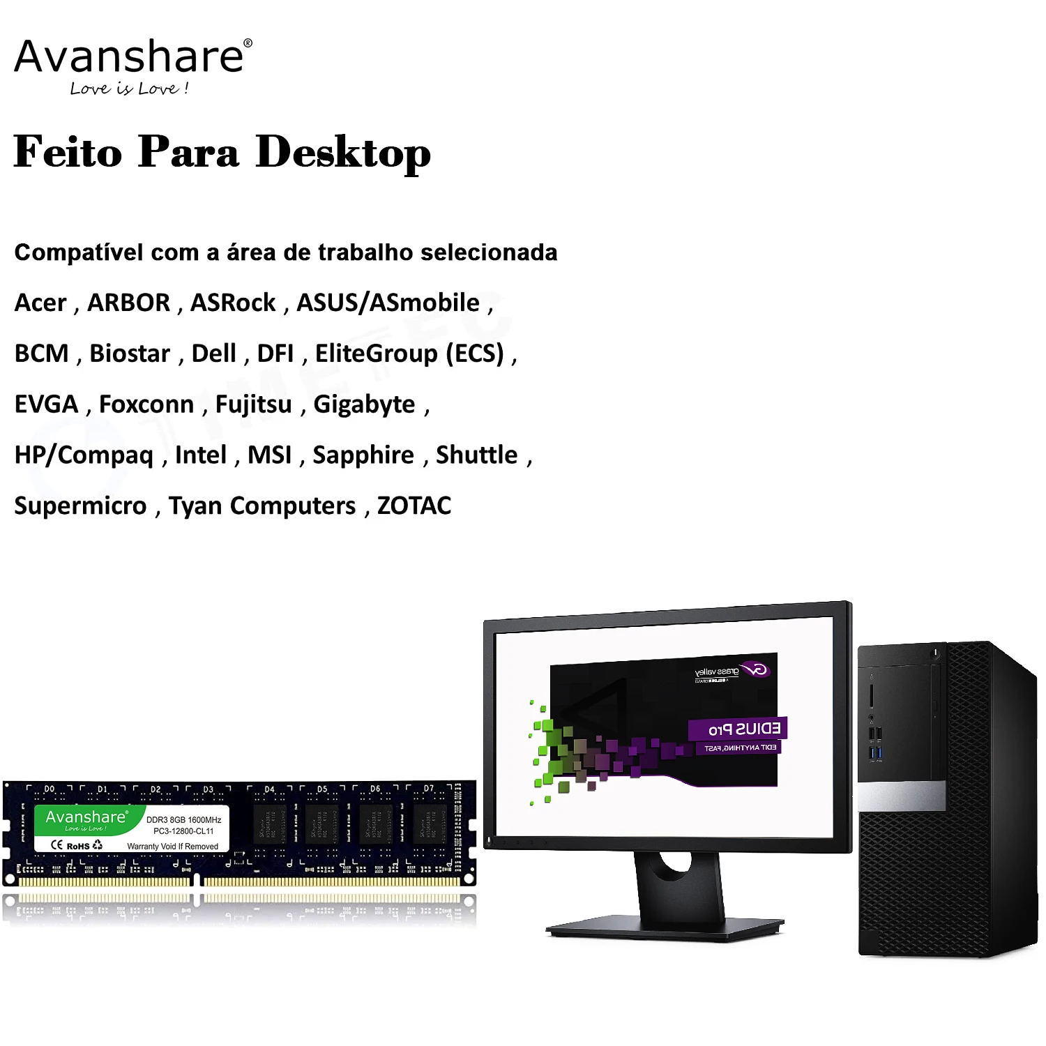 Avanshare-Super 8GB Desktop RAM, DDR3, 1600MHz, 1333MHz, PC3-12800U, PC3-10600U, 4GB DIMM, Intel AMD, 1.5V, 1.35V, 2RX8, Memória não-ECC - Image 2