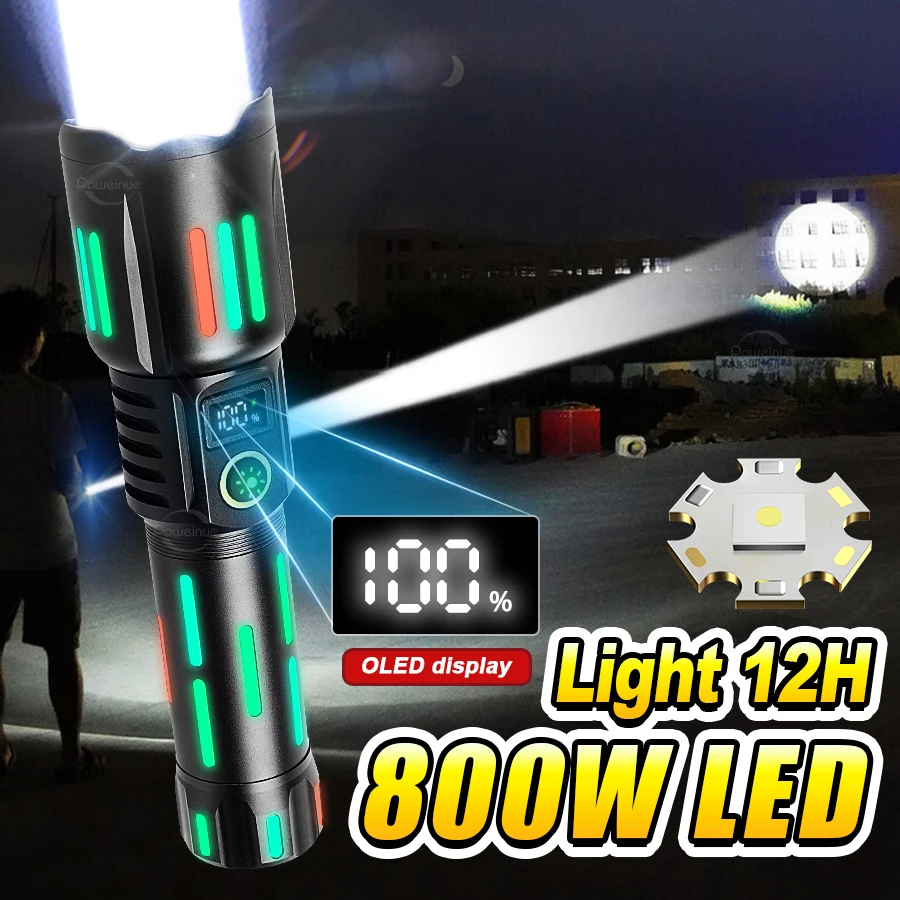 Lanterna de Campismo de Alta Potência 800W com Laser Branco, Faixas Luminosas, Alcance de 4500m, Recarregável TYPE-C/USB e Zoom Ajustável