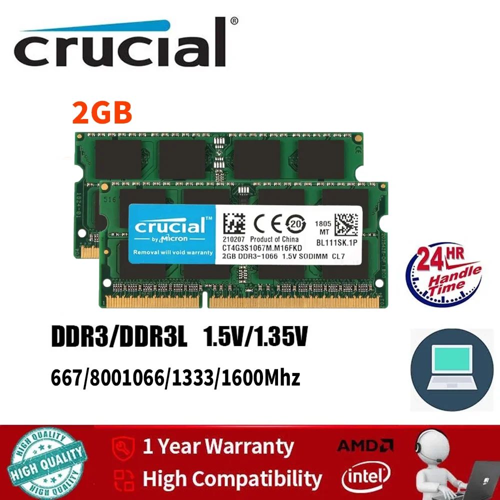 Memória DDR3 Crucial DDR3L RAM 2GB para Laptop 1333mhz 1600Mhz PC3L 10600S 12800S 204Pin 1.35V SODIMM