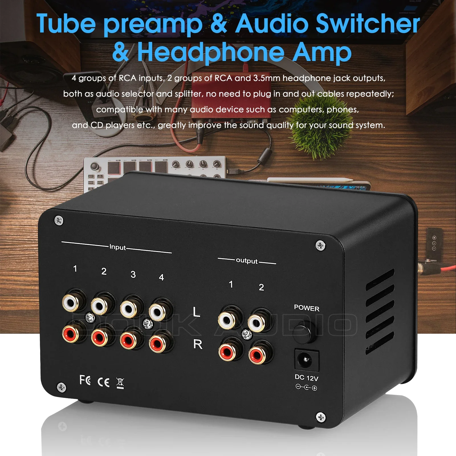 Nobsound hifi tubo de vácuo pré-amplificador estéreo 4 vias switcher amplificador de fone de ouvido de mesa com medidor vu controle de agudos e graves - Image 4