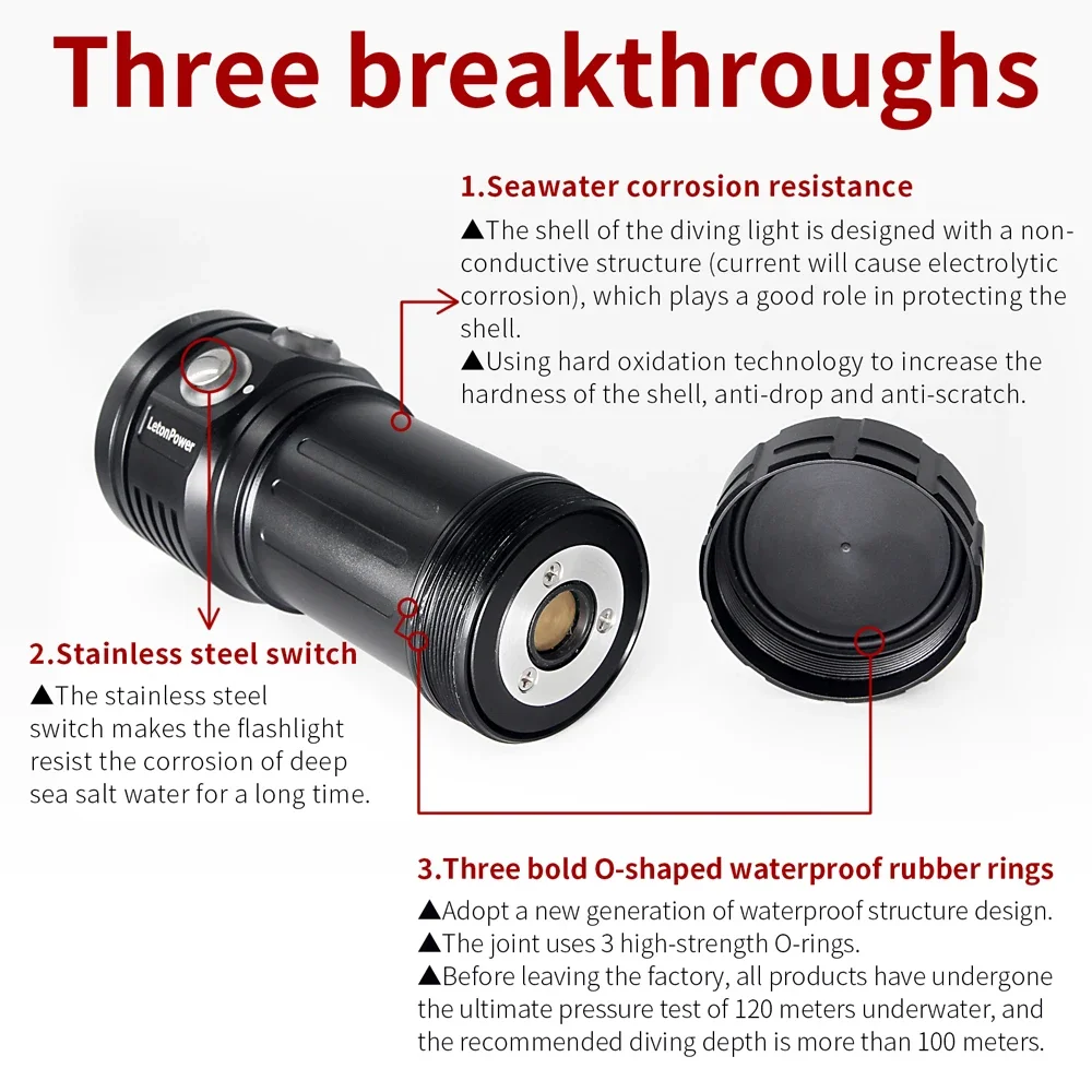 Letonpower-Lanterna de Mergulho Impermeável, Iluminação Subaquática, Tocha para Fotografia, Luz de Vídeo, 22800Lumens, 100m - Image 3