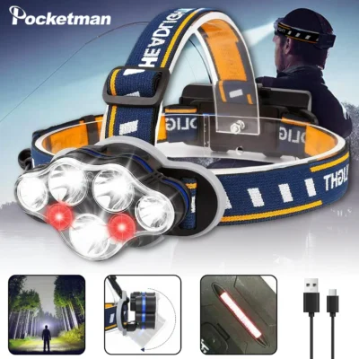 POCKETMAN Farol de alta potência 7LED Super brilhante USB recarregável farol ao ar livre à prova d'água lanterna de cabeça