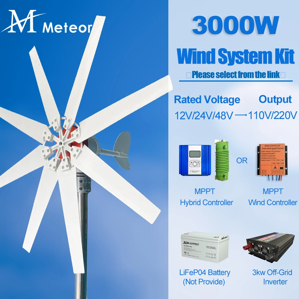 Gerador de turbina eólica horizontal 3000W 12V 24V 48V Pequeno moinho de vento energia livre 220V/110V Fazenda doméstica
