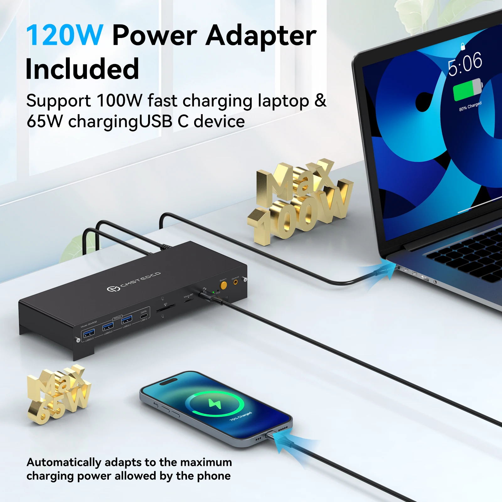 Estação de acoplamento KVM Switch 3 monitores 2 computadores DP 4K @ 120Hz HDMI 4K @ 60Hz para laptop Thunderbolt e PC de até 100W de carga PD - Image 10