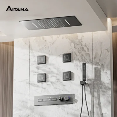 Sistema de chuveiro de latão com display digital led oculto torneira quente e fria arma de luxo design de teto cinza controle duplo
