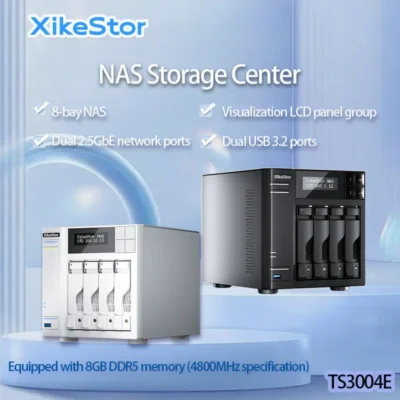XikeStor NAS Híbrido de 8 Baias | Memória DDR5 8GB (até 64GB) | 4 Slots M.2 para SSD | Armazenamento eMMC de 8/16GB | RAID/10GbE Pronto para Uso