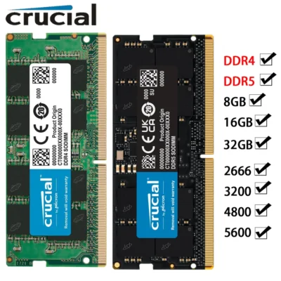Memória Crucial para Laptop RAM DDR5 DDR4 32GB 16GB 8GB 2666 3200 5600 4800MHz PC5-44800 38400 PC4-25600 21300 SODIMM