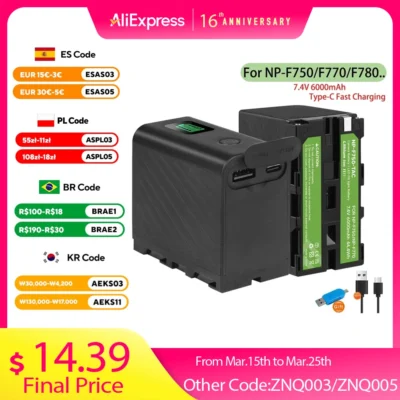 6000mAh NP-F750 NP-F770 Bateria NP F750 NP-F550 LED Bateria Indicadora de Alimentação + Porta Tipo-C para Sony NP-960 F970 CCD-TRV58 MC1500C