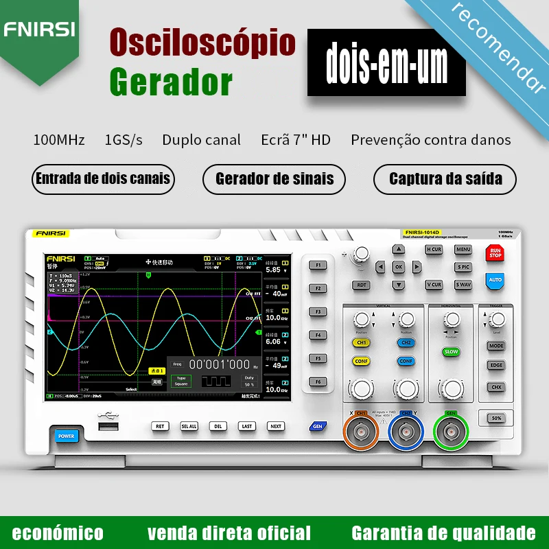 FNIRSI-Osciloscópio Digital, Dual Channel Input Signal Generator, 100MHz x 2 Analog Bandwidth, 1GSa/s Taxa de Amostragem, 1014D, 2 em 1 - Image 2