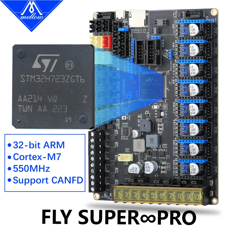 Mellow FLY Super ♾️ Placa Pro Board 3+5 HV 8 Eixos 32Bit 550MHz 2oz PCB de Alta Velocidade para Placa-Mãe de Impressora 3D RRF/Klipper Voron Vzbot
