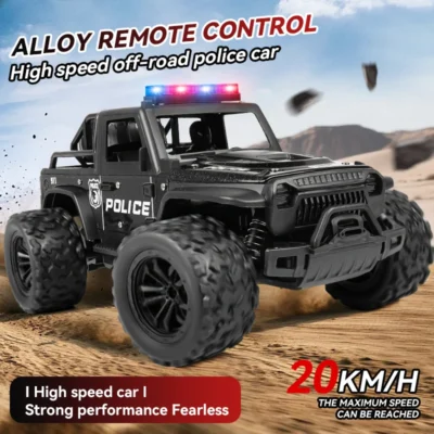Carro de polícia off-road com controle remoto, luzes de polícia legais, sons de sirene simulados, corpo de liga em escala 1:16, absorção de choque de mola