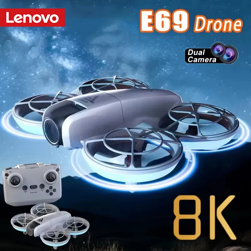 Drone Lenovo E69 com Câmera Dupla HD 8K, Fluxo Óptico, Controle por Tela, Fotografia Aérea e Motor Brushless, Aeronave de Controle Remoto
