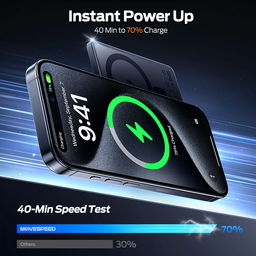 Bateria Externa Magnética MOVESPEED 10000mAh Slim Sem Fio para MagSafe Powerbank para iPhone 16 15 14 13 Samsung 24 - Image 5