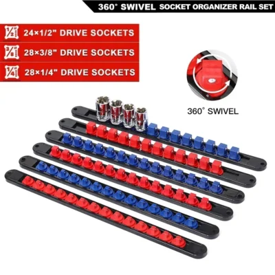 360 ° Organizador de soquete abs giratório, 1/4 tamanhos, 3/8 tamanhos, 1/2 tamanhos, qualidade premium, suporte de trilho, ferramentas organizadoras de soquete, azul e vermelho
