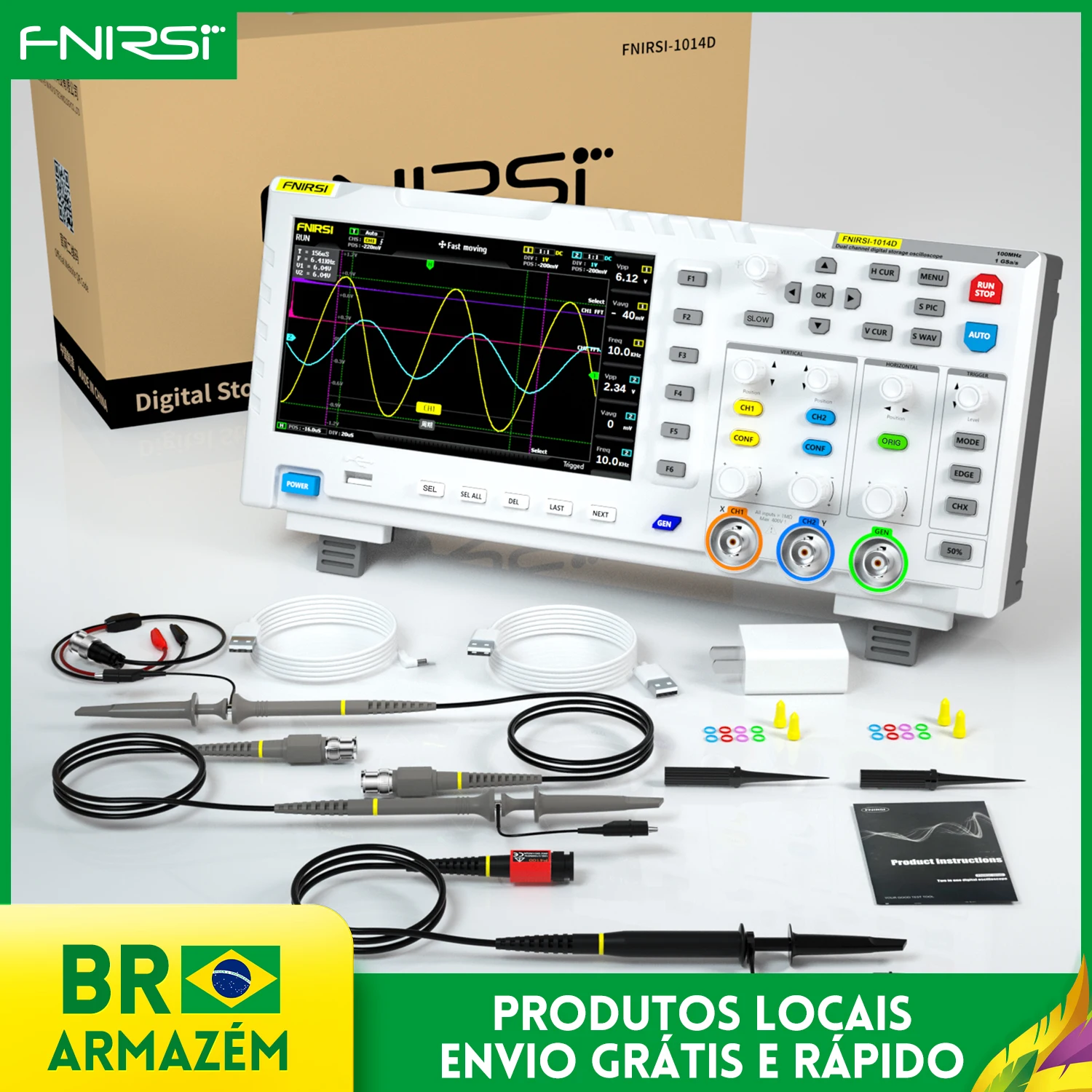 FNIRSI-Osciloscópio Digital, Dual Channel Input Signal Generator, 100MHz x 2 Analog Bandwidth, 1GSa/s Taxa de Amostragem, 1014D, 2 em 1