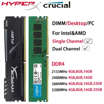 Memória RAM HyperX Fury Crucial para Desktop PC DDR4 32GB 16GB 4GB 8GB 2133 2400 2666 3200MHz PC4-21300 DIMM Canais Simples e Duplos