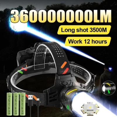 Lanterna Frontal LED 2025 360000000LM Alta Potência, Recarregável via Type-C, Lanterna de Cabeça com Iluminação de 3500M, Iluminação para Exterior e Pesca