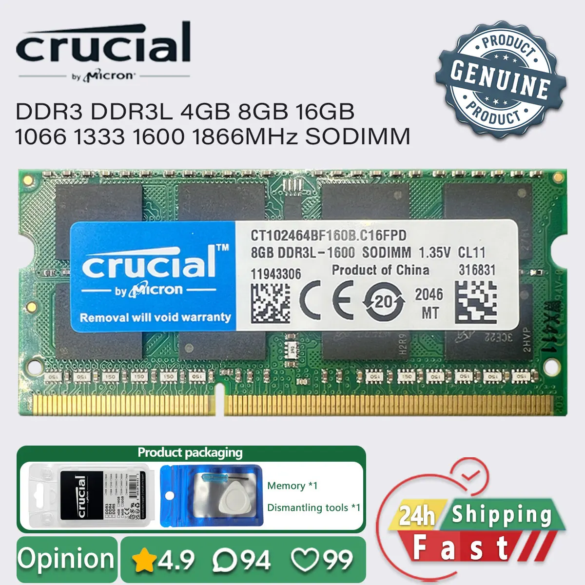 Memória RAM Crucial 8GB 4GB DDR3L DDR3 1600 1333 1866 1066 para laptop SODIMM PC3 PC3L 1.5V 1.35V