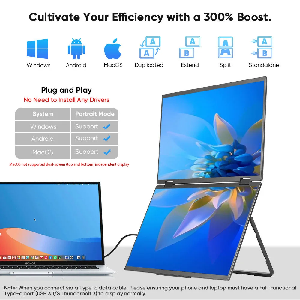 Ahxjkadual monitor portátil 15.6/18.5 "1080p fhd ips dobrável empilhados triplo extensor de tela do portátil jogo USB-C plug & play viagem - Image 6